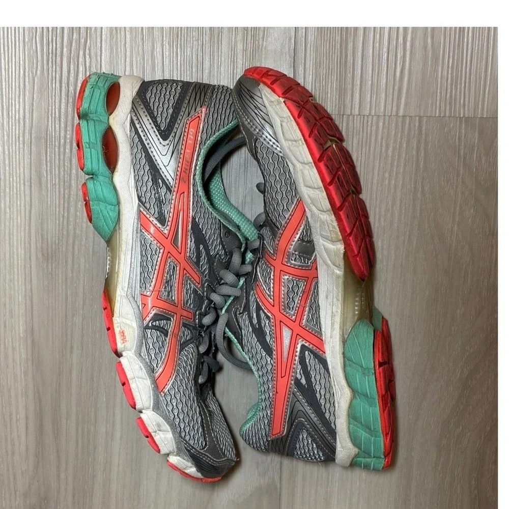 ASICS Running Shoes Womens 8.5 Gray Coral Teal Lace Up Athletic Sneakers